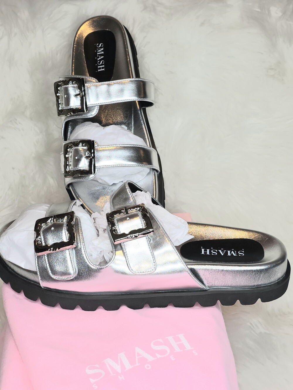 Smash Silver Kaia Sandals NWT Size 14 Retail $165 Full Inclusion Dust Bags